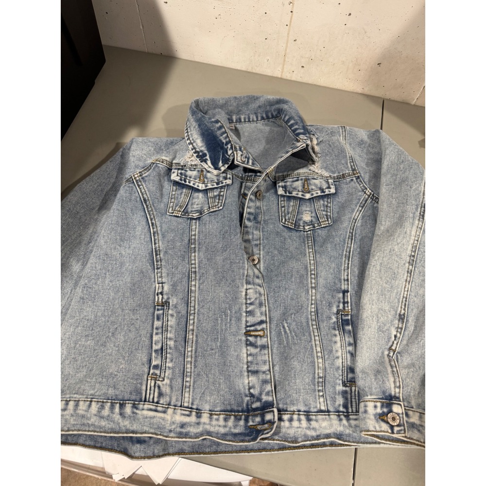 Womens Light Wash Distressed Denim Trucker Jacket Size 2XL Ripped Jean Jacket